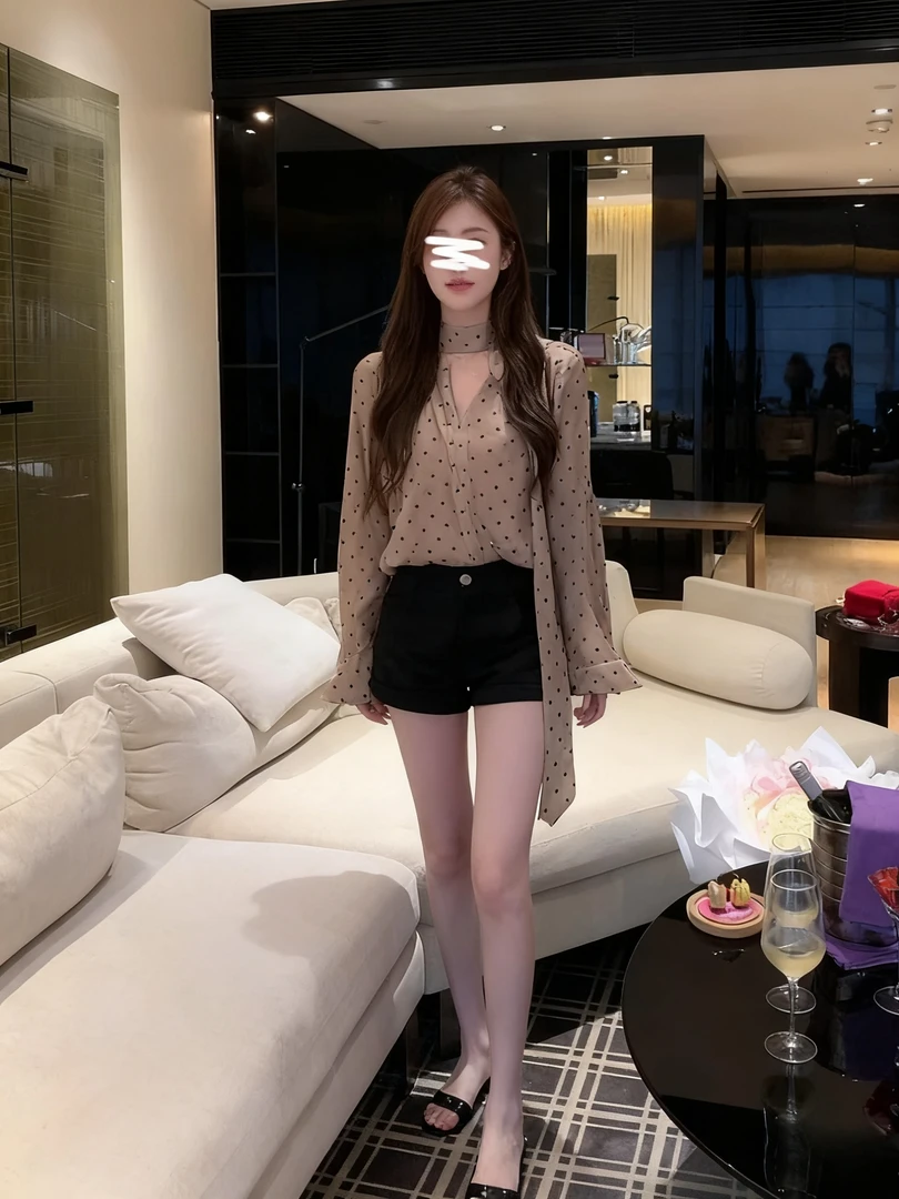法式复古气质套装波点飘带长袖v领雪纺衬衫女休闲短裤两件套26127