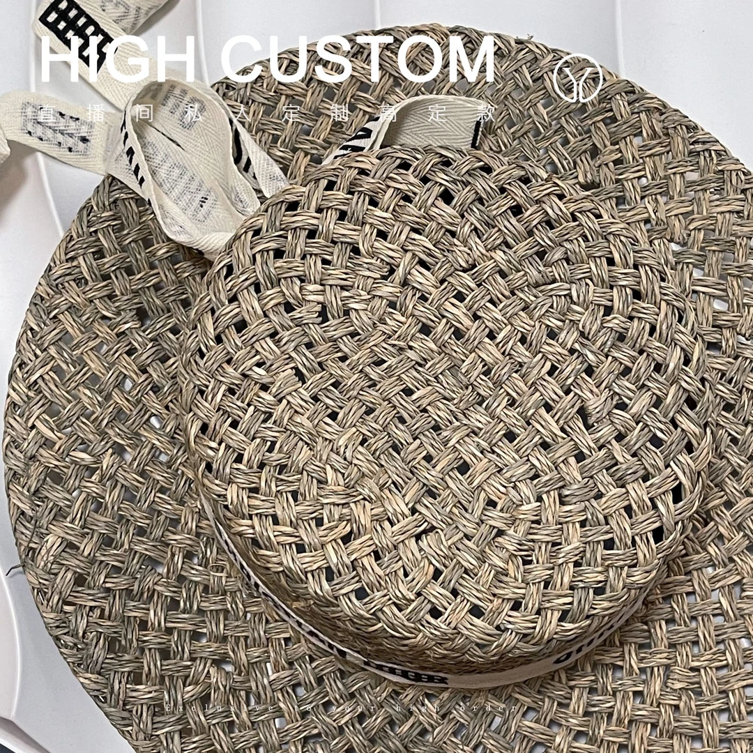 D草编平顶飘带草帽