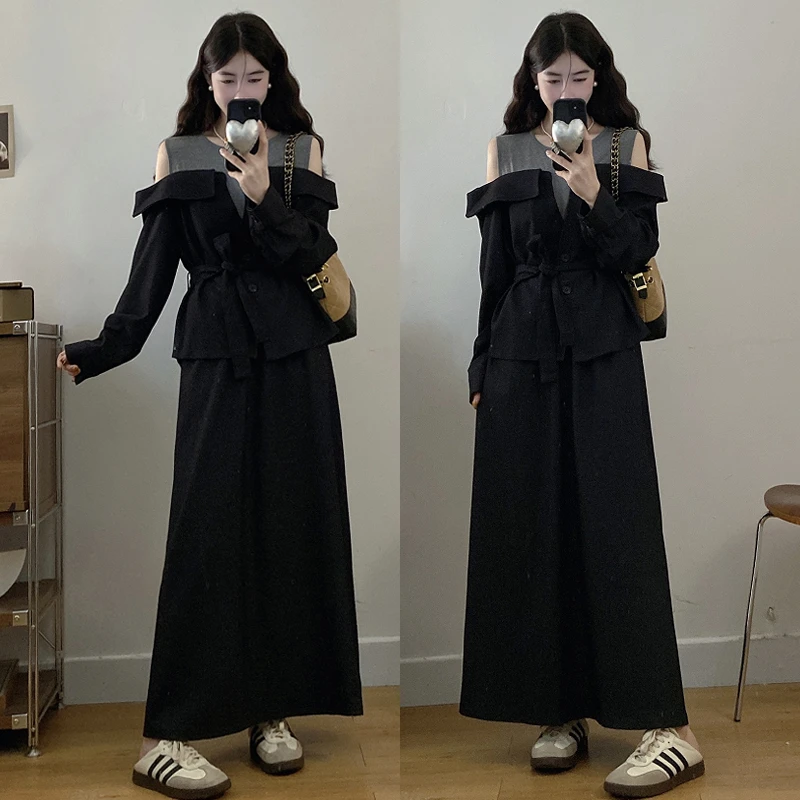 大码胖mm秋冬新款设计感露肩撞色拼接假两件长袖上衣半身裙两件套