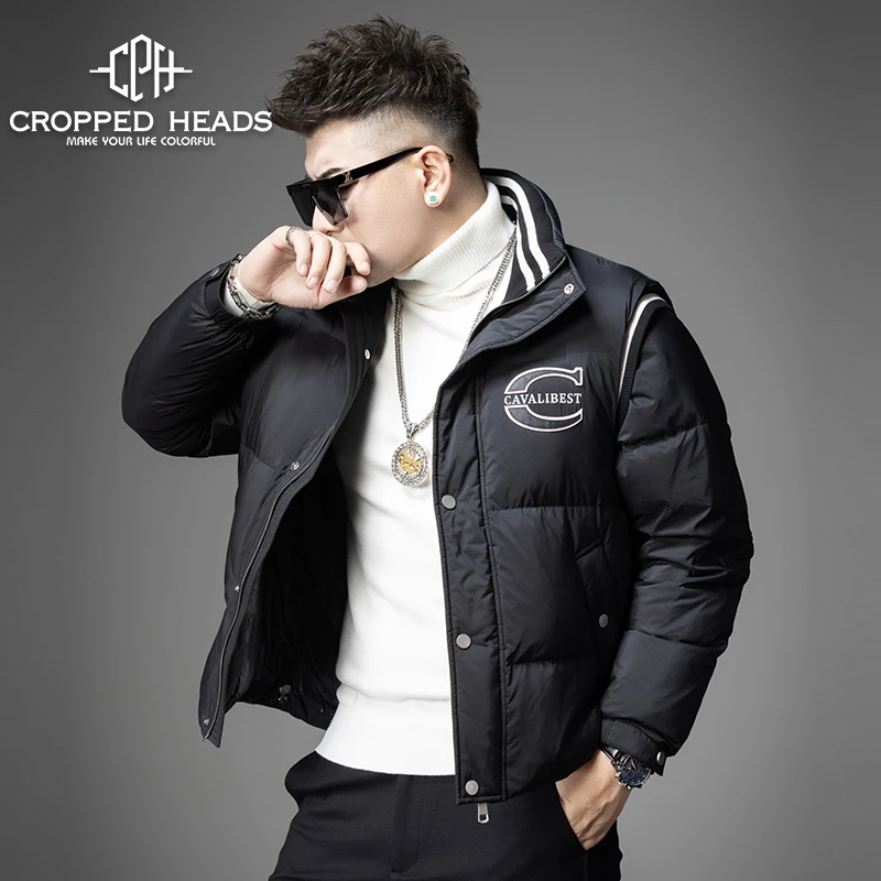 男士白鸭绒轻暖羽绒服立领加厚保暖可拆卸袖子潮牌高端防寒服外套