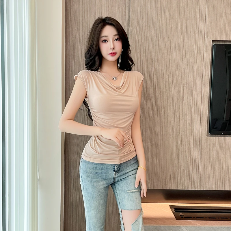 独特设计感气质荡领上衣无袖斜肩两穿辣妹性感掐腰显瘦修身T恤女