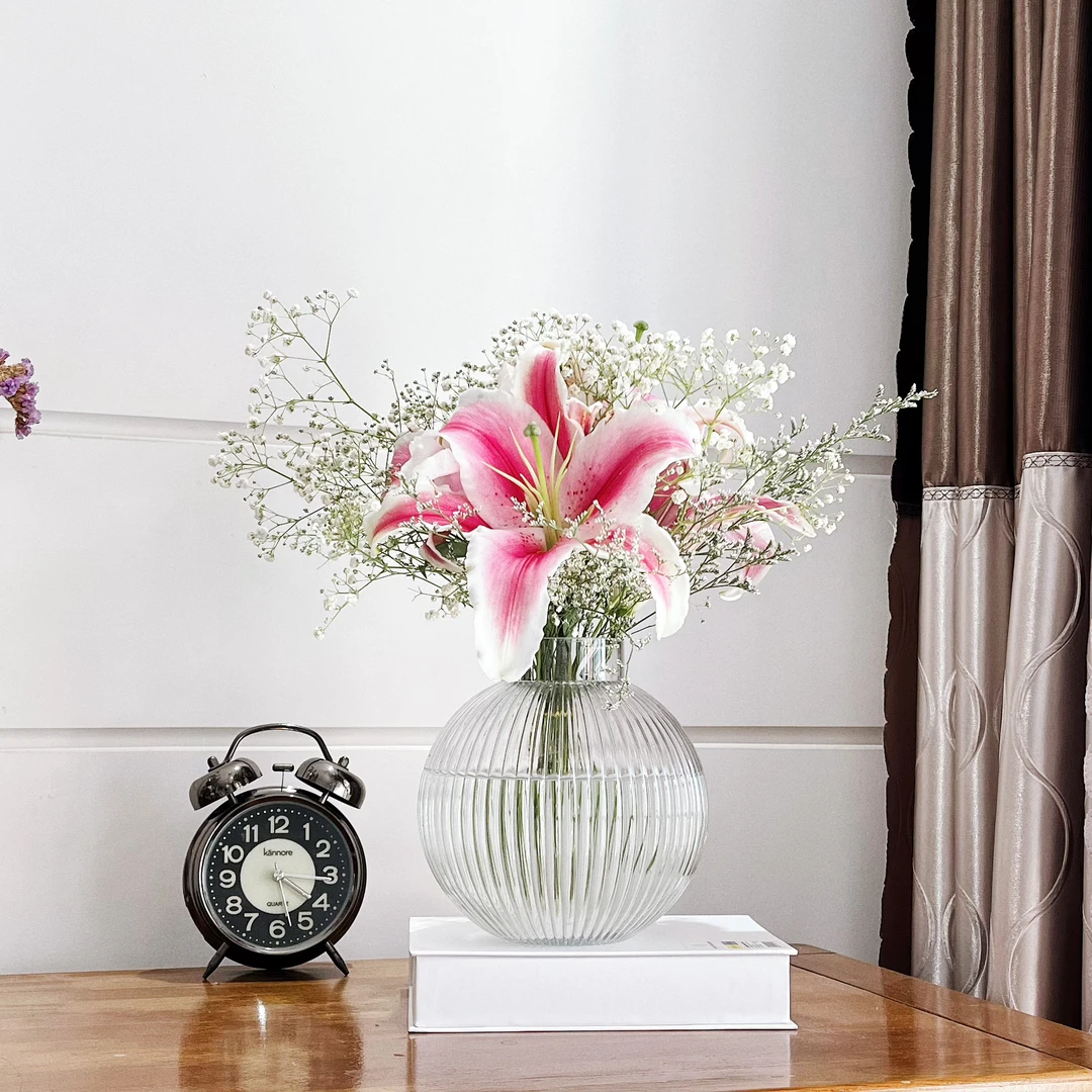 圆形条纹玻璃花瓶高档球形条纹花瓶插花圆球