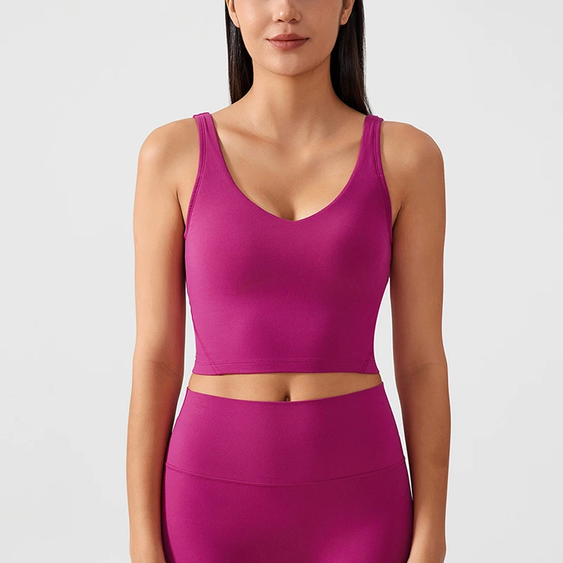 FL-2656裸感深V领一体式瑜伽背心女健身背心跑步带胸垫固定罩杯