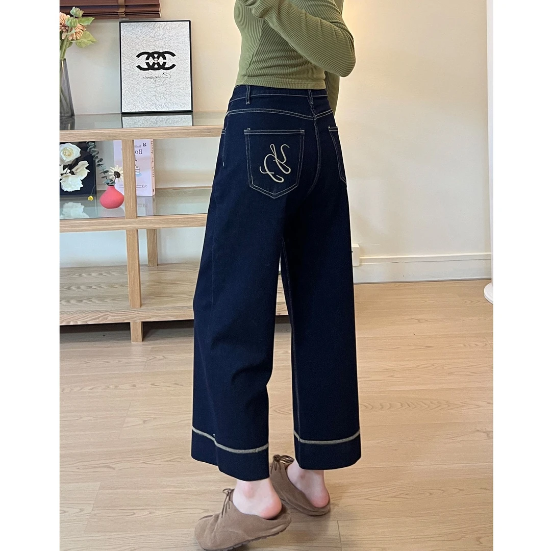 早秋新款阔腿牛仔裤女梨形身材宽松显瘦小个子弹力高腰直筒九分裤