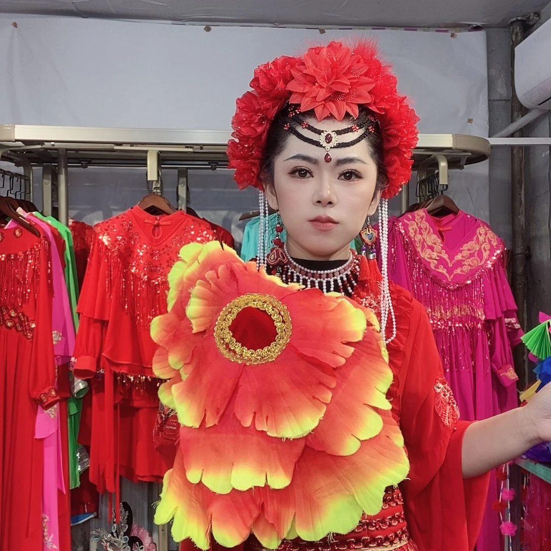 牡丹花手绢火焰色一对