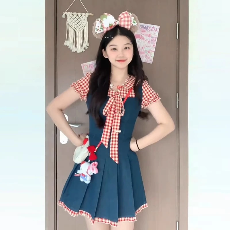 树莓果酱 甜美红色格子拼接撞色连衣裙女夏季泡泡袖减龄百褶短裙