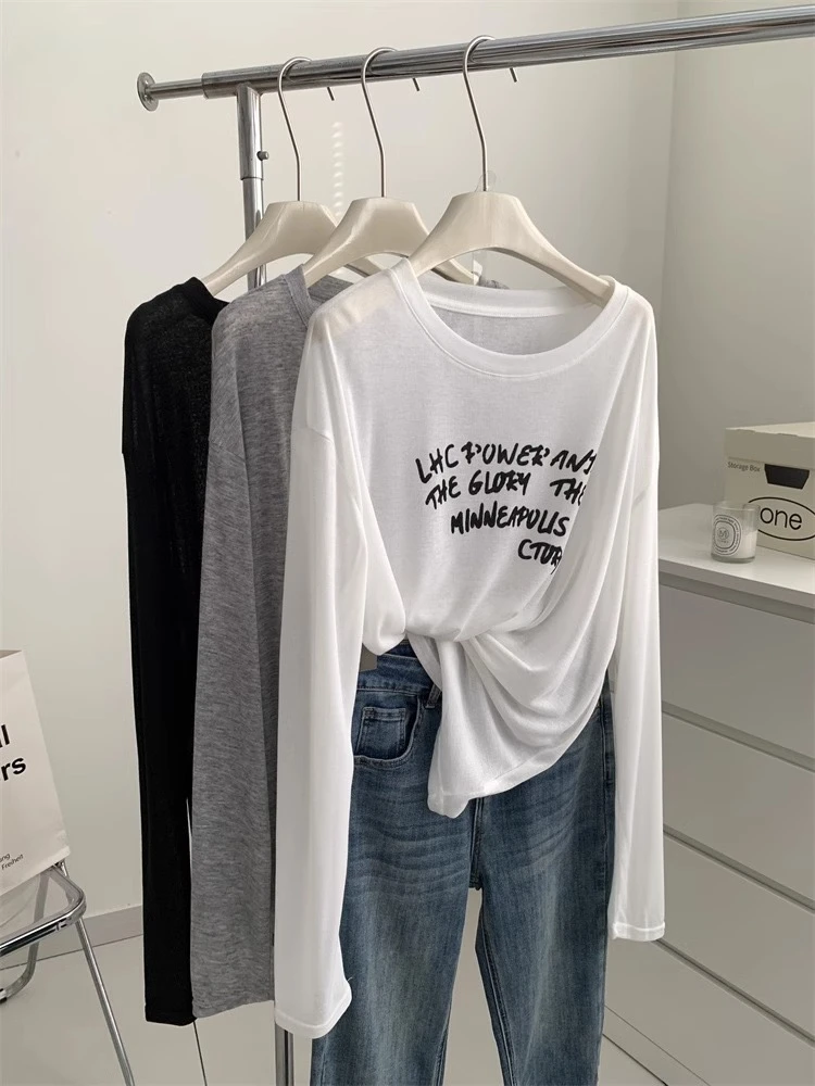 原宿风夏季简约慵懒宽松圆领字母防晒衣女垂感软糯天-丝长袖罩衫