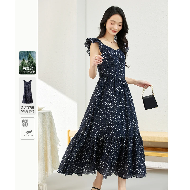 *梵希蔓法式气质波点吊带连衣裙女装夏季新款显瘦飞飞袖长裙A1869
