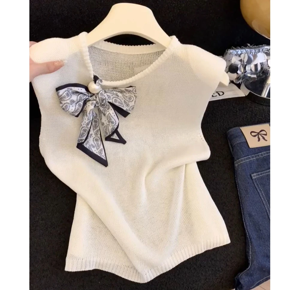 2025法式配珍珠丝巾针织衫背心女夏季新款薄款高级感无袖圆领上衣