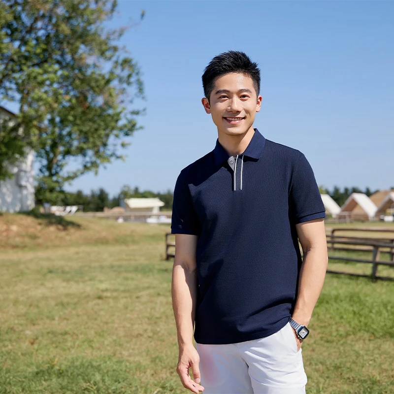 100%低炭新疆长绒棉220G商务休闲POLO衫男款夏装织带门襟撞色条纹
