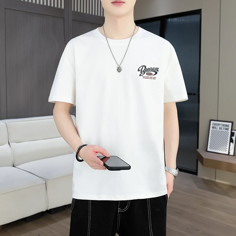 夏季男士圆领男装新款短袖T恤潮牌有字母上衣简约半截袖舒适T恤