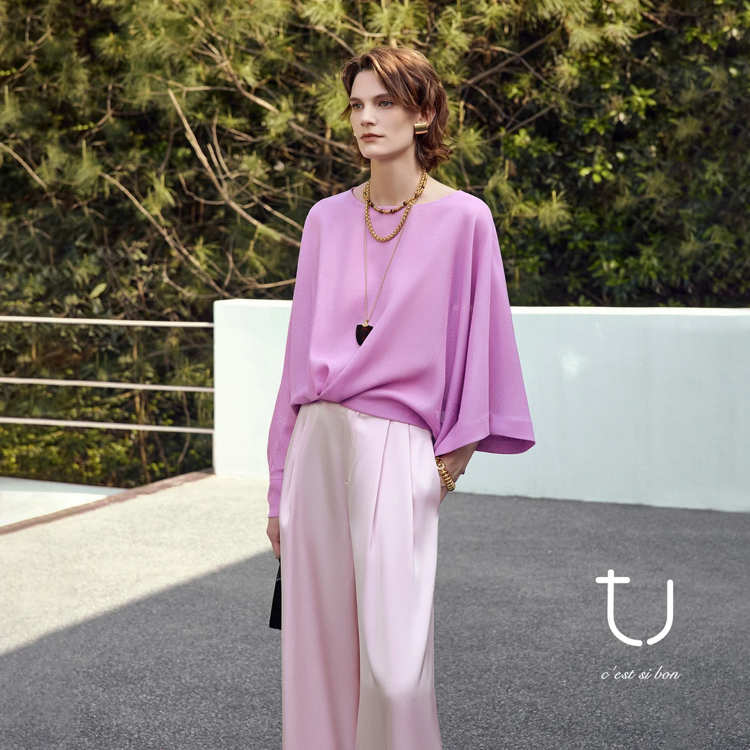 TU女装【雨烟】25夏季新款圆领衬衫纯色长袖T恤宽松百搭蝙蝠袖上衣