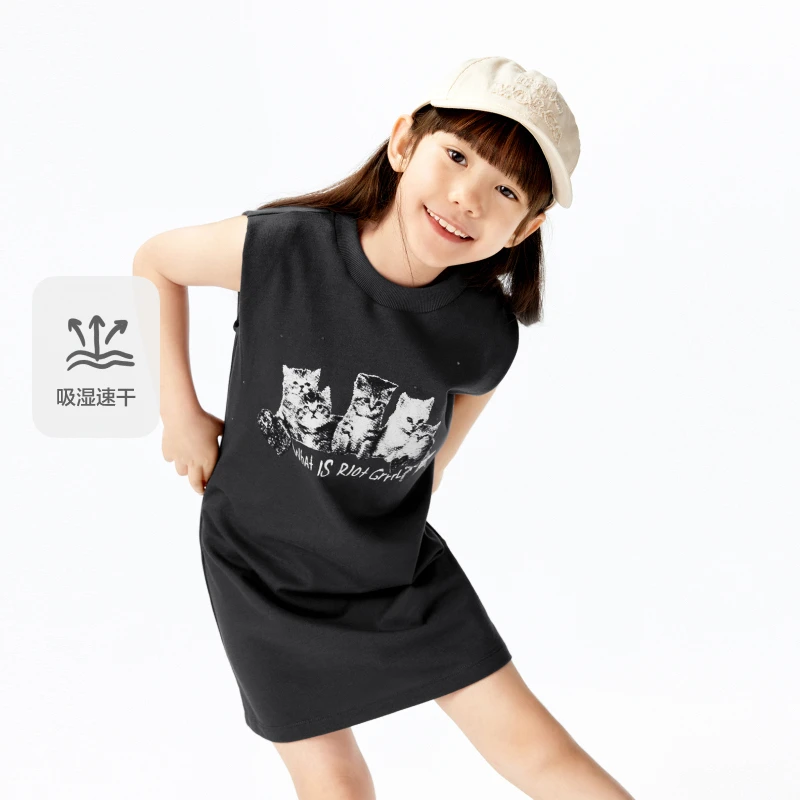 littlemoco童装25夏新款女童速干无袖背心小猫连衣裙#KBE2DRS010