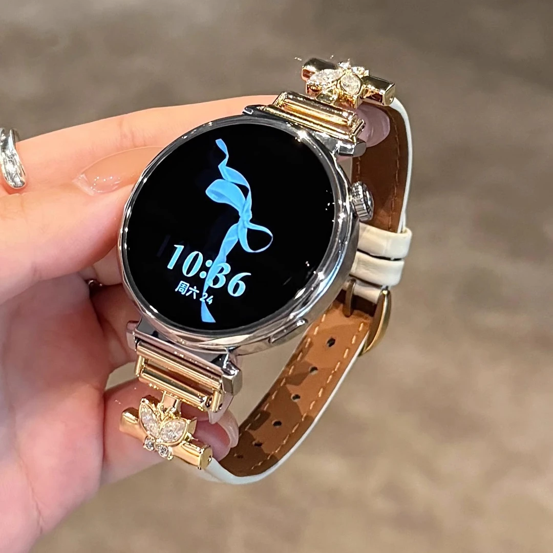 适用华为高级感蝴蝶镶钻拼皮质手表表带watch3watch4GT2GT4GT5pro