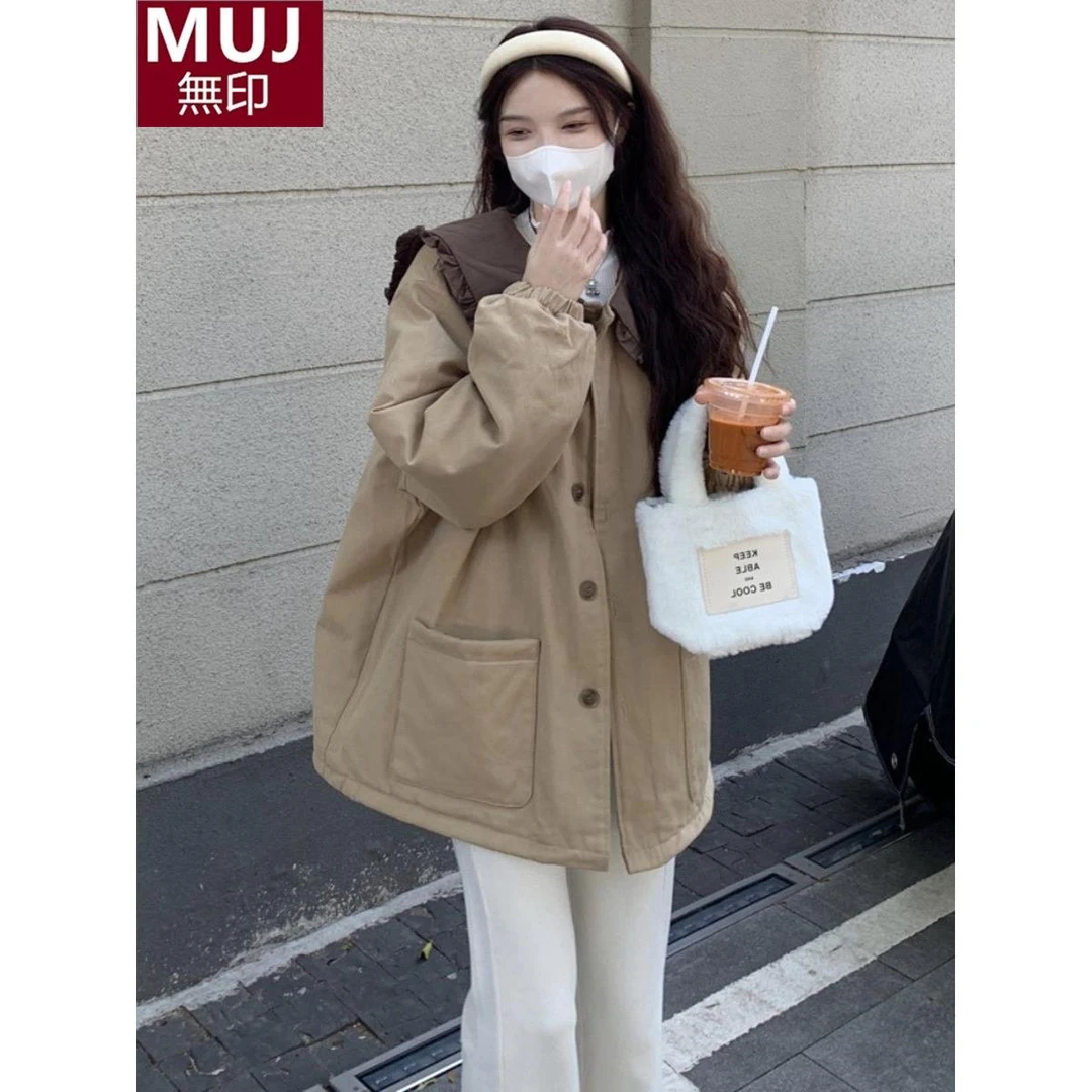 日本无印大码女装冬季新款胖韩版边娃娃领拼接宽松衣服外套