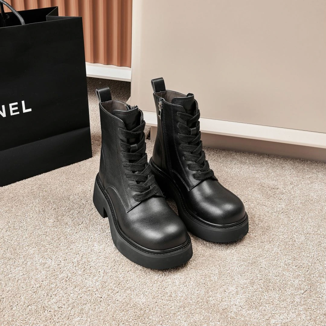 东东秋冬英伦风新款侧拉链粗跟厚底圆头百搭真皮女士马丁靴219-1