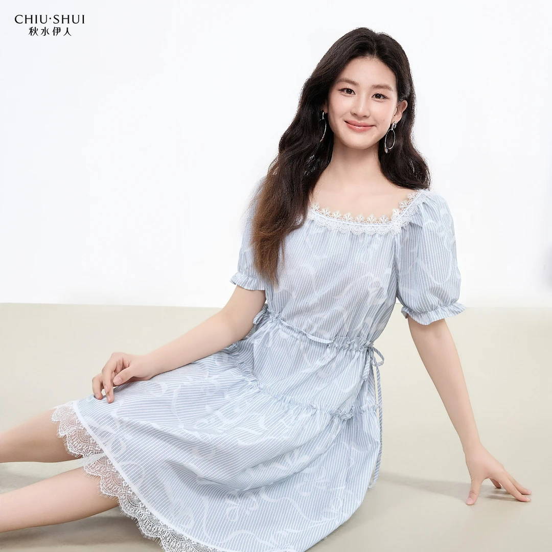 【直播】秋水伊人方领撞色连衣裙夏女休闲中长裙625203D020279