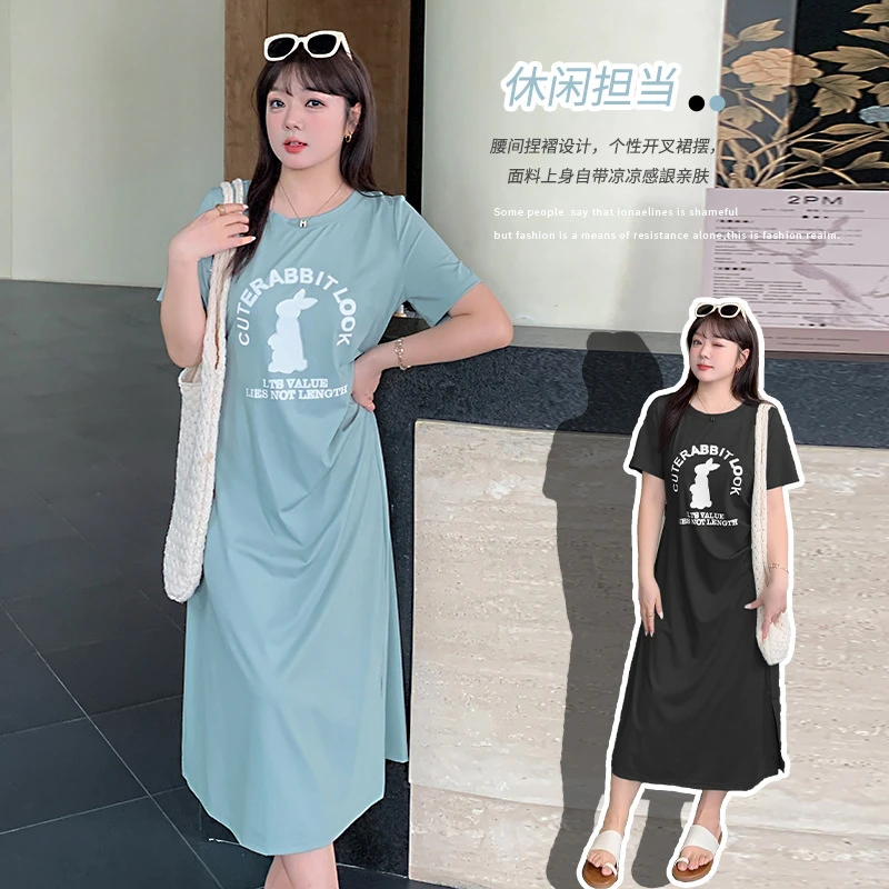 大码女装捏褶开叉印花T恤裙女2025夏季新款遮肉凉快中长裙271509