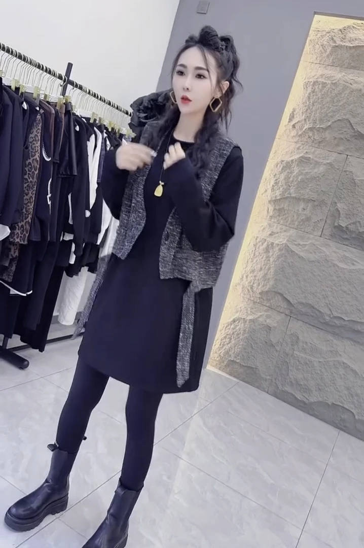 秋季时尚套装百搭时尚新款马甲连衣裙两件套