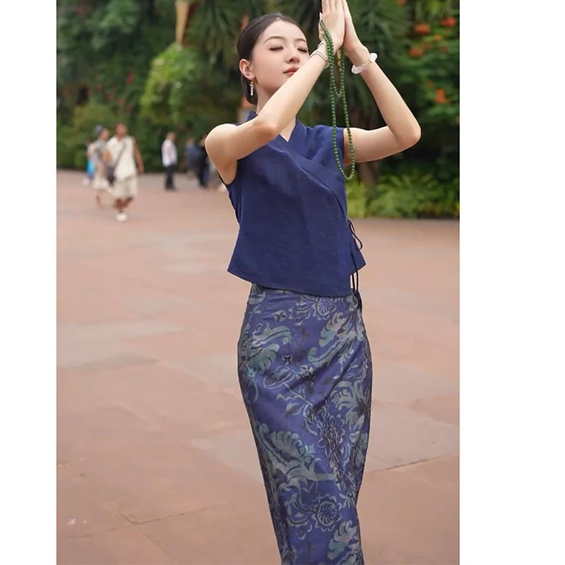 轻奢高级感巨好看新中式套装女2025夏深蓝色衬衫印花半身裙两件套