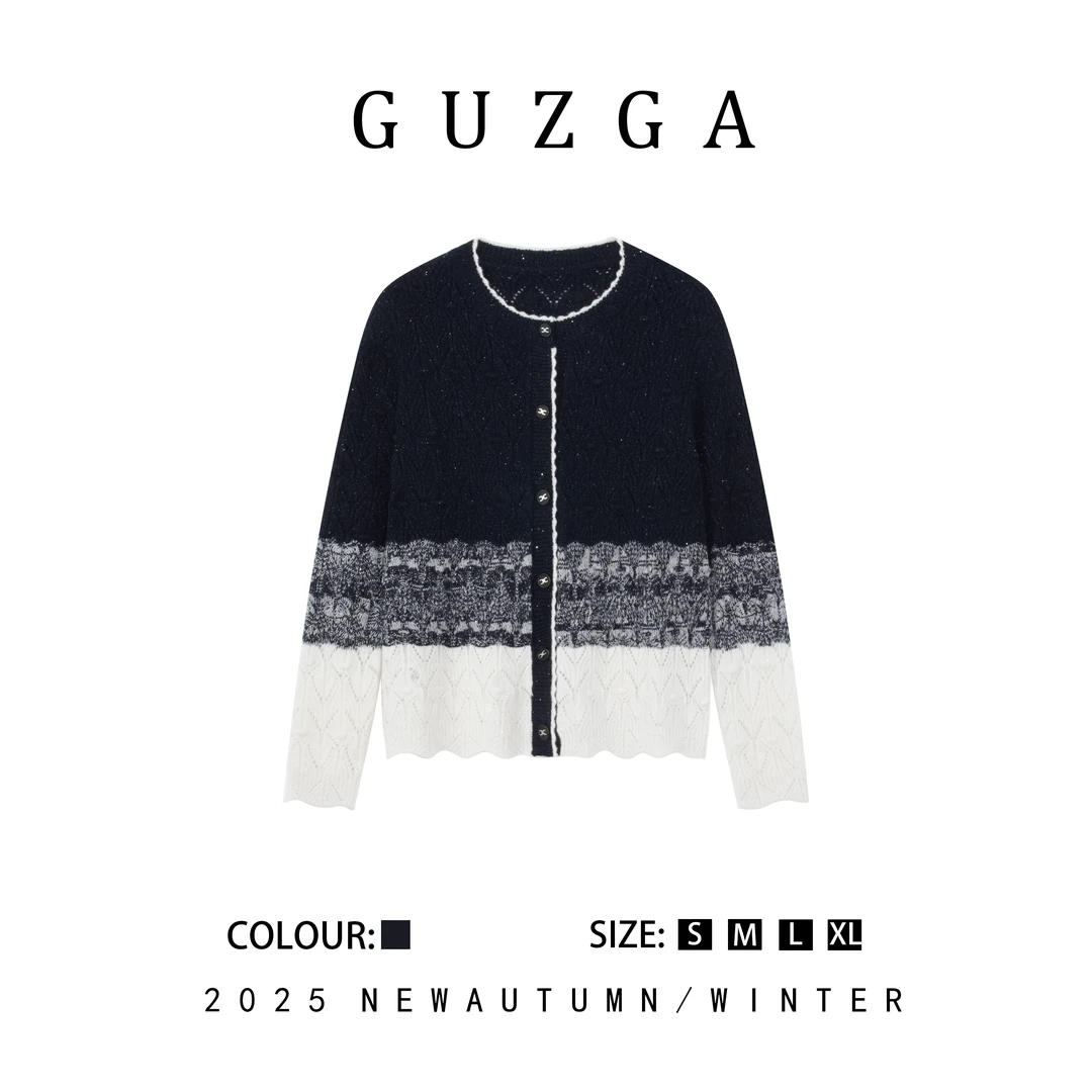 GUZGA【雾落雪止】春季上新拼色针织开衫长袖外套女款时尚设计师款