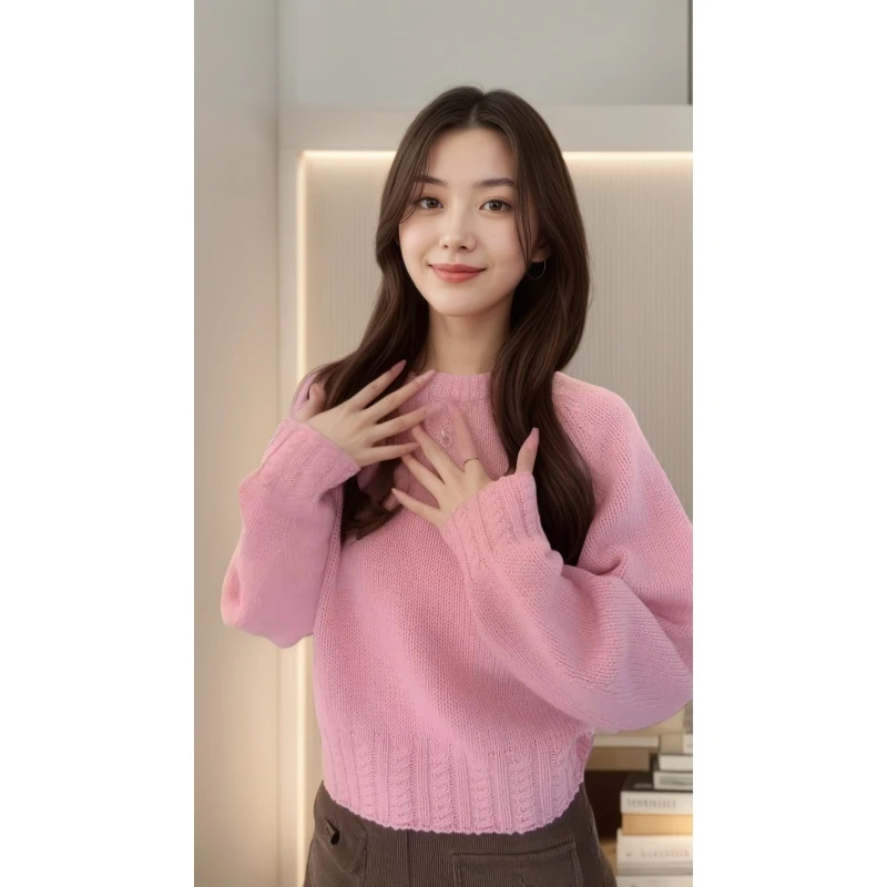 时尚温柔显白粉色毛衣洋气慵懒宽松长袖针织衫LK2508045