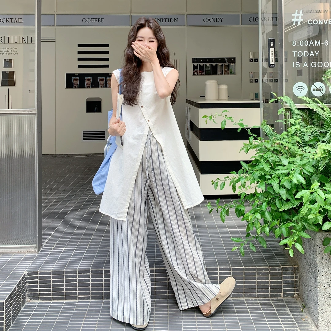 慵懒老钱风无袖上衣套装女2025夏季新款韩系穿搭条纹阔腿裤两件套