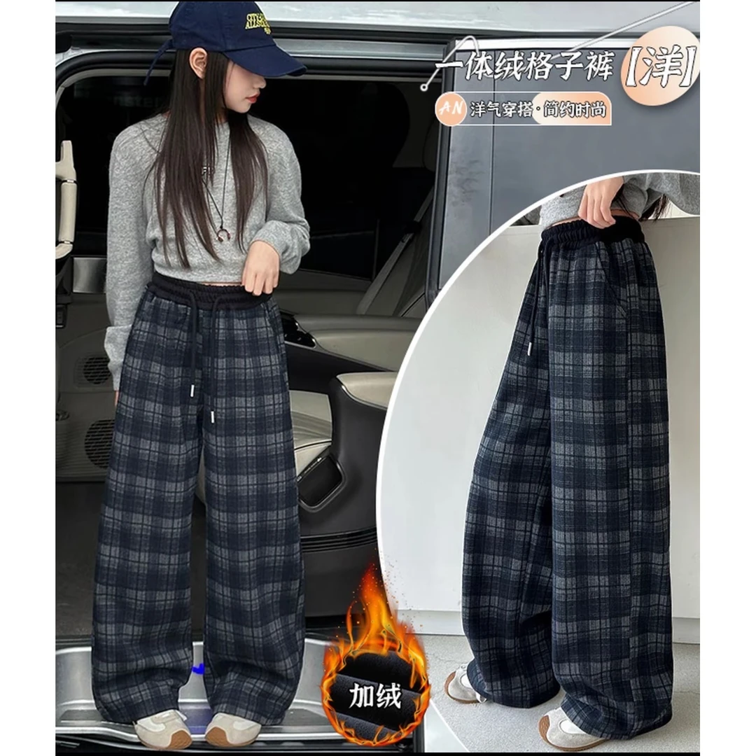 女童格子阔腿裤加绒加厚秋冬2025新款直筒大童冬季一体绒潮