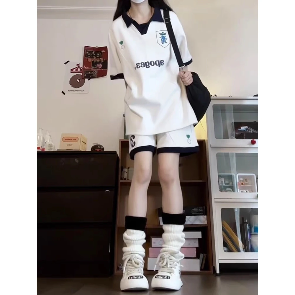 复古学院撞色休闲运动套装夏季美式显瘦polo领短袖短裤跑步两件套