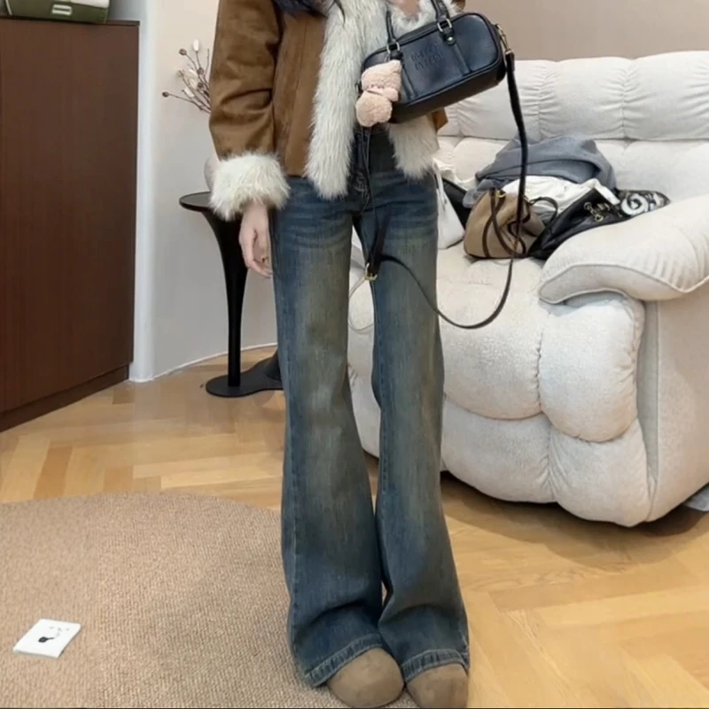 2025秋季爆款欧货做旧复古修身微喇裤大码女装高腰显瘦牛仔喇叭裤
