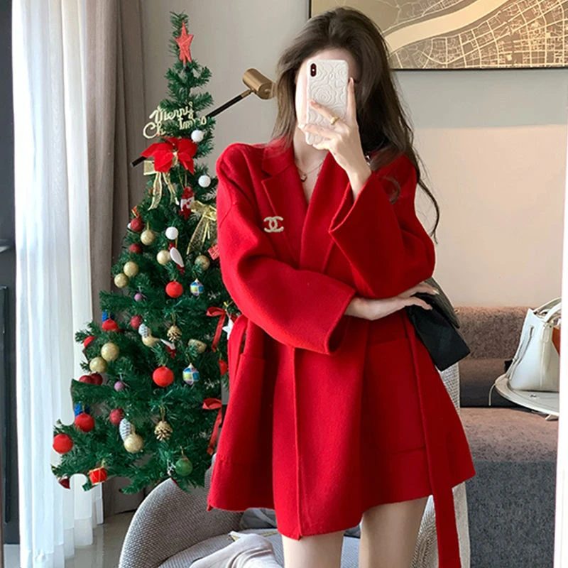 小个子呢子大衣2024年新款高级感冬装红色新年双面毛呢外套女冬