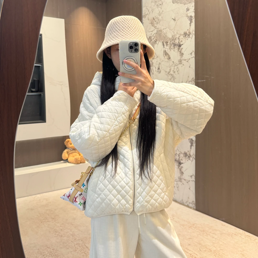 宿慕SUMU宽松菱形格休闲时尚连帽棉服外套2025新款简约加棉上衣