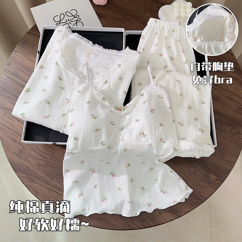 睡衣女纯棉春秋小碎花吊带长袖三件套纯欲风性感带胸垫冬天家居服