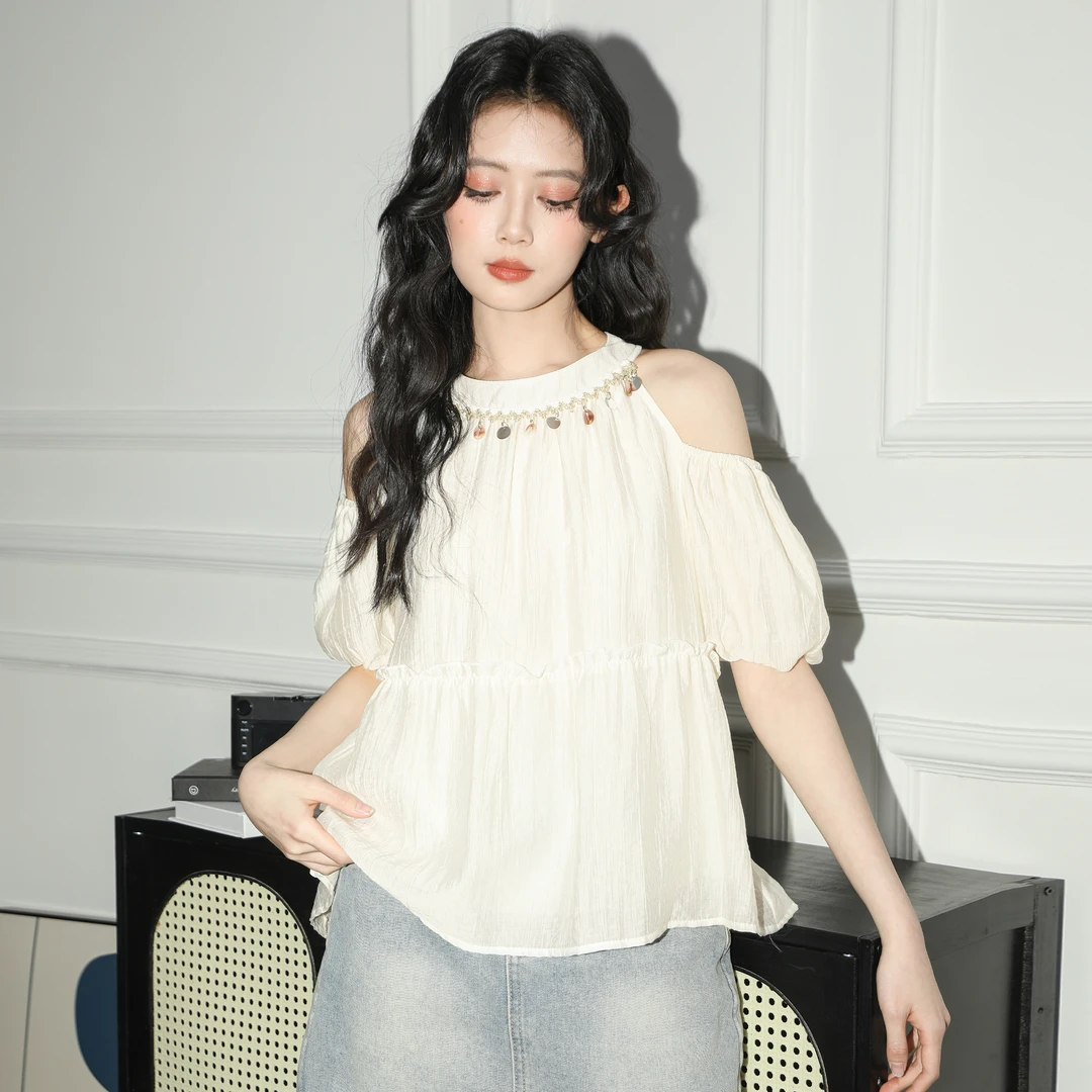 杏色露肩短袖衬衫女夏2025夏季新款小个子圆领挂脖衬衣娃娃衫上衣