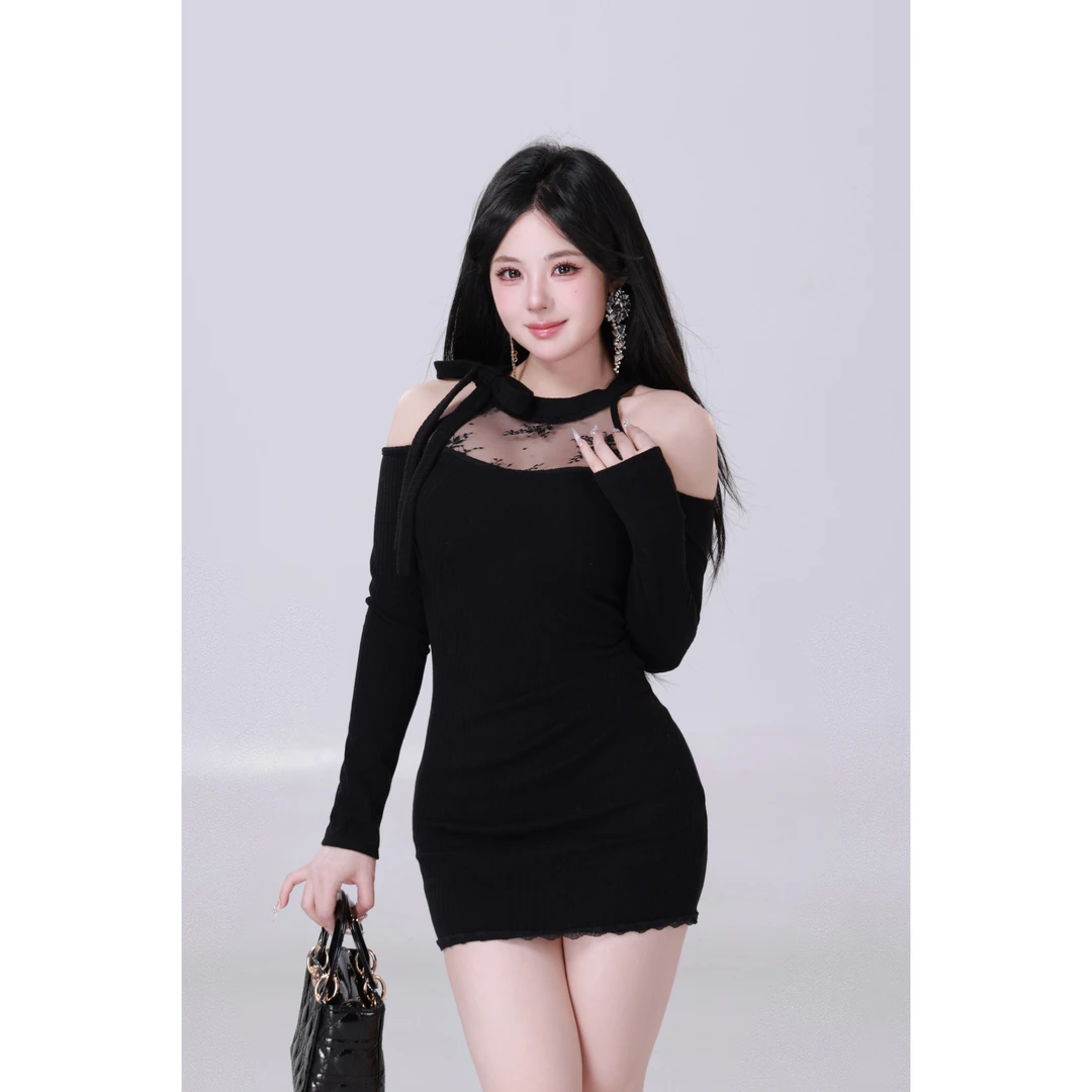 现现MengFairy 【巴黎夜曲】性感修身短款拼接长袖黑色连衣裙4951M