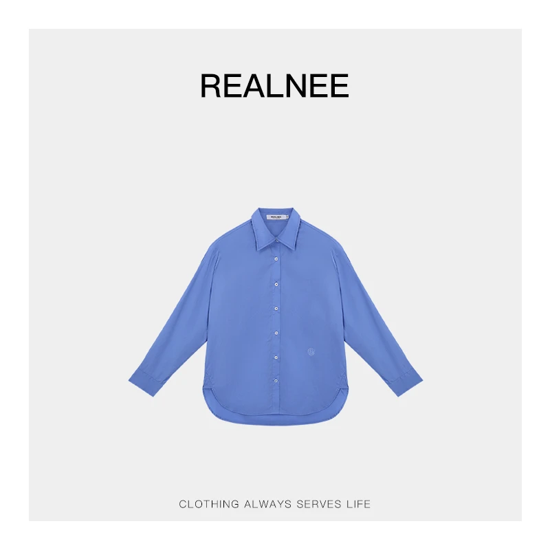 REALNEEI【卡布里蓝】99长绒棉极简女装上衣落肩休闲宽松衬衫06121