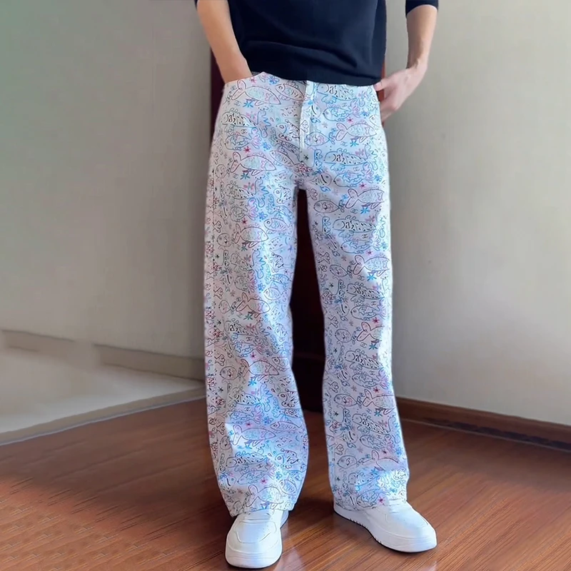 法尔利格轻奢男装潮牌男士时尚设计感涂鸦休闲牛仔裤垂感阔腿裤潮