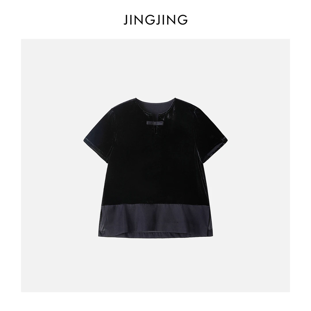 JINGJING2025新款“夏雾”桑蚕丝45姆米黑丝绒拼接镂空领轻薄上衣