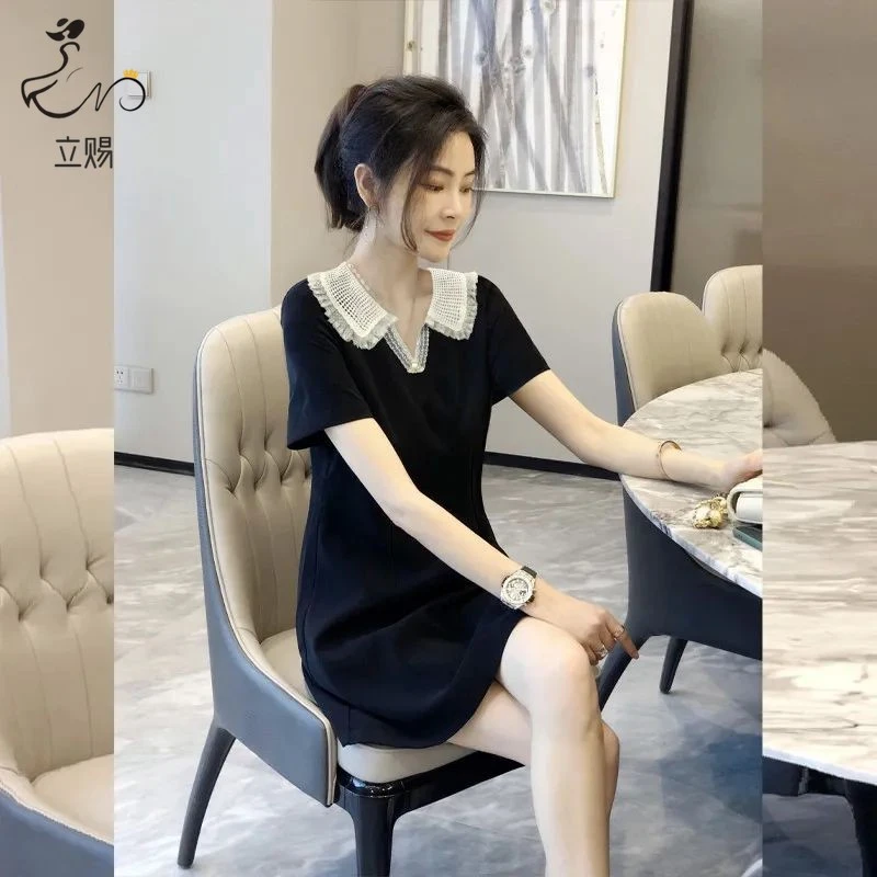 立赐2025夏季新款蕾丝娃娃领小个子连衣裙女时尚气质减龄小黑短裙