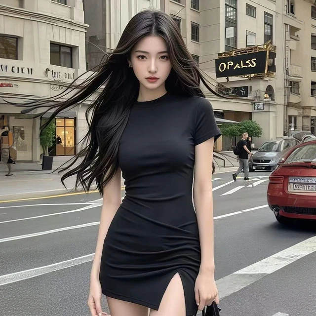 高级感黑色短袖连衣裙女夏季别致性感紧身开叉包臀裙气质辣妹短裙