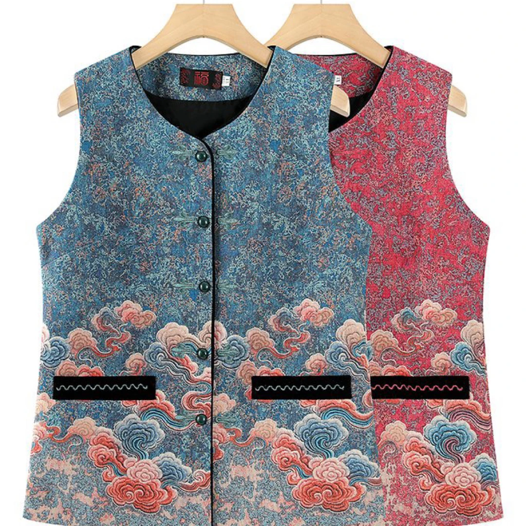 春秋新中式国风马甲中老年 时尚休闲刺绣提花带里衬马甲坎肩新款