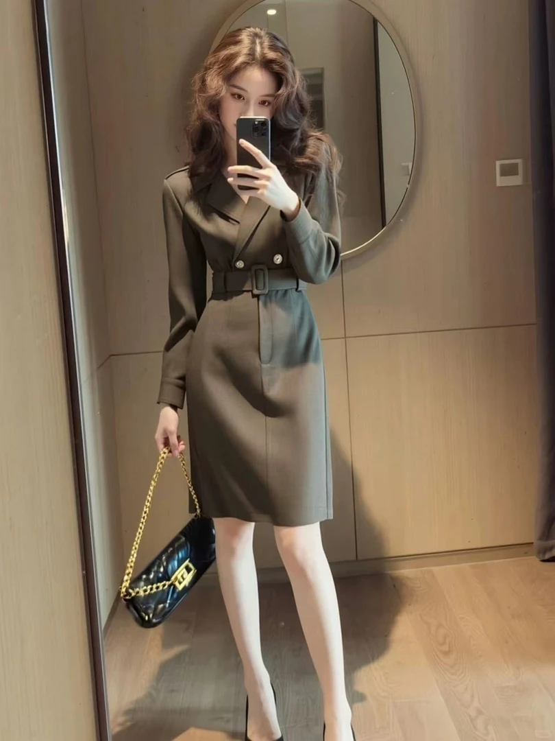 SS5420秋季造型感V领收腰显瘦衬衫女连衣裙气质长袖轻奢洋气