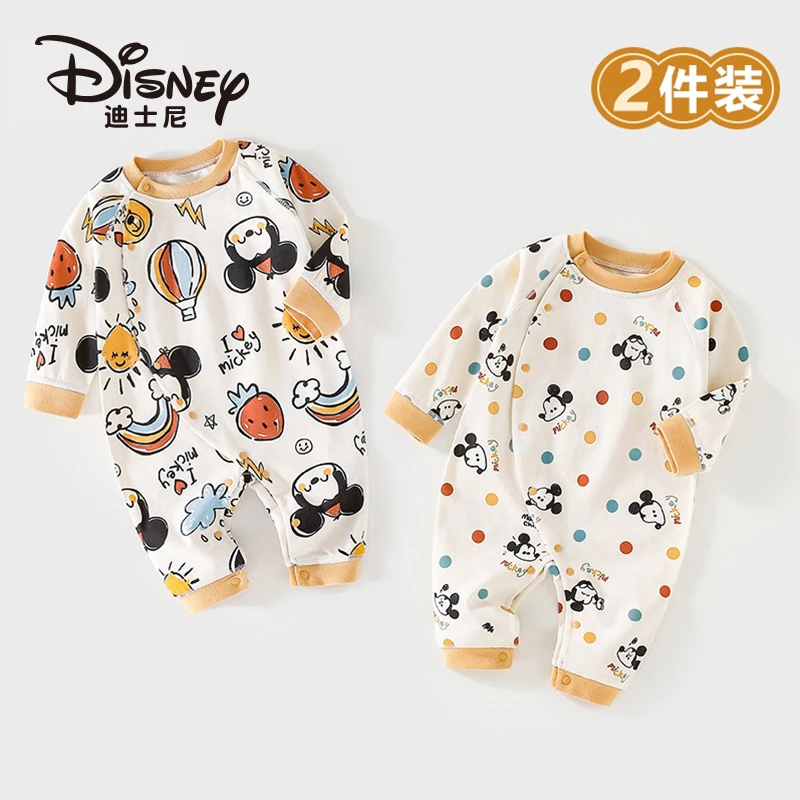 迪士尼婴儿连体衣新生儿长袖薄款衣服满月宝宝睡衣纯棉卡通外出服