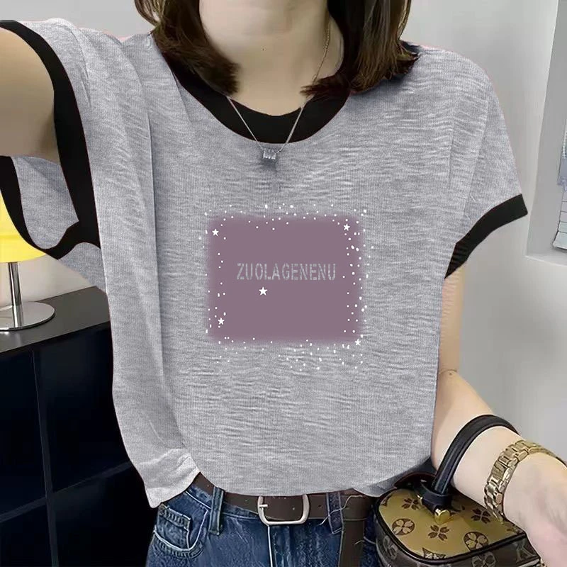 2025夏季雪花棉短袖显瘦t恤衫女印花遮肉宽松百搭拼接圆领上衣