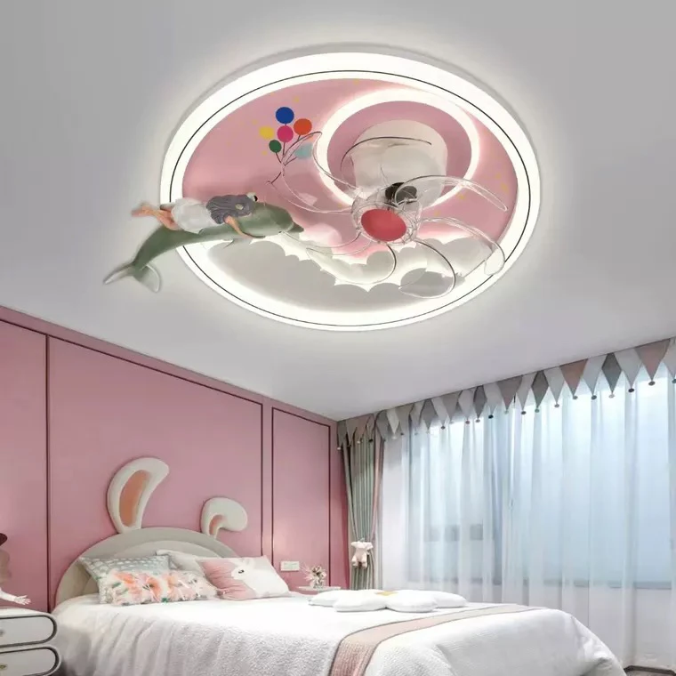 女孩房间风扇灯卡通海豚公主可以吹风的灯具离线语音