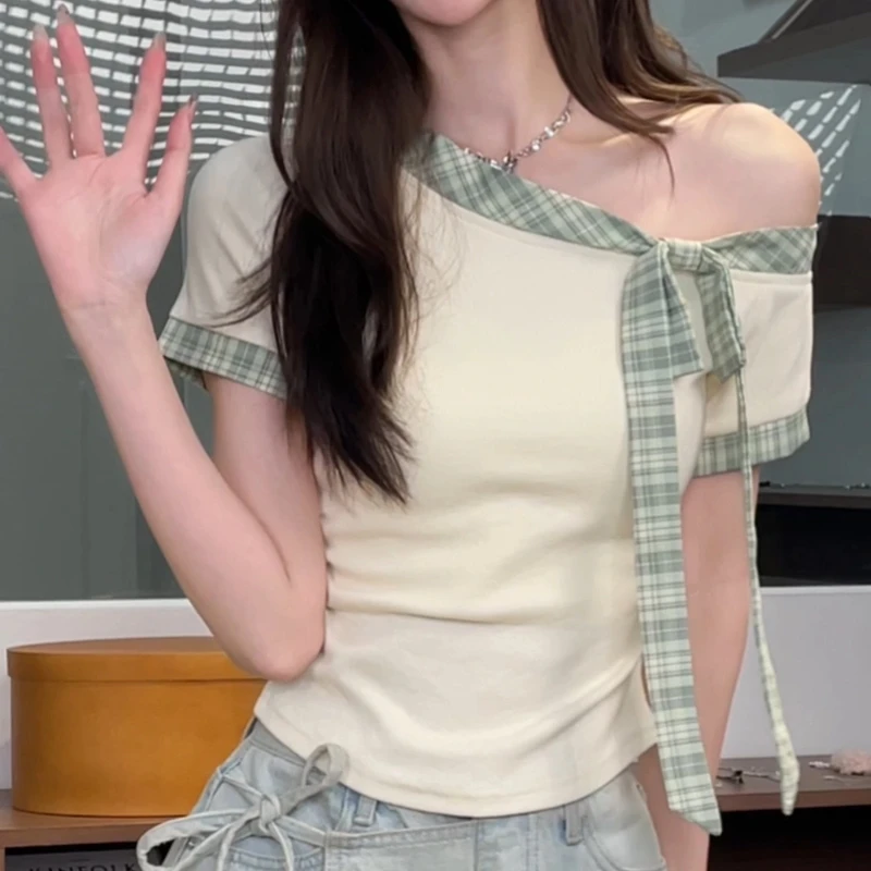 2025新款甜美风拼接条纹绑带蝴蝶结设计感短袖气质显瘦上衣