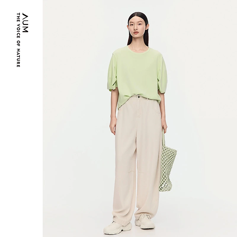 AUM/噢姆夏3A级抗菌棉感马鞭草绿纯色套头圆领泡泡袖T恤M1FZ24987