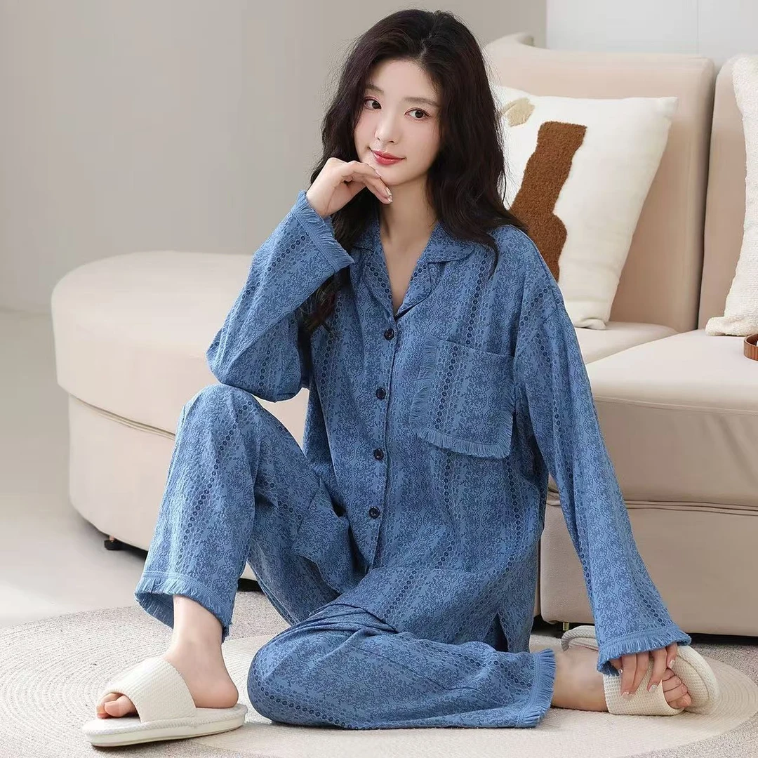 100%纯棉带胸垫睡衣女士春秋季长袖长裤2025新款可外穿家居服套装