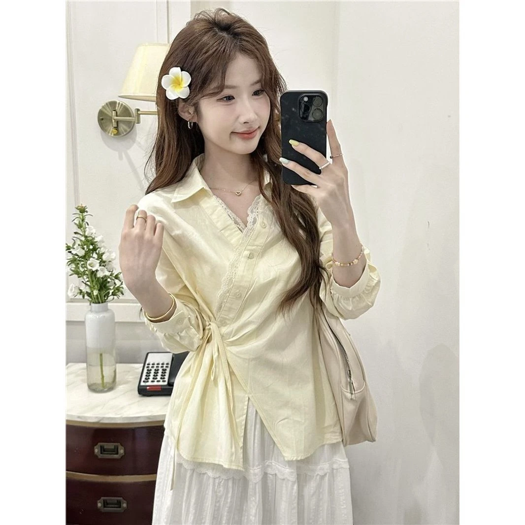 韩版不规则设计小众长袖翻领衬衣小清新蓝色上衣拼接蕾丝收腰秋款