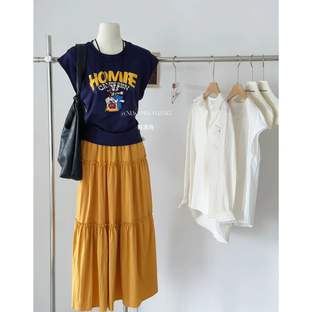 韩系慵懒风套装减龄卡通印花设计圆领百搭T恤高腰半身裙8942#0.12